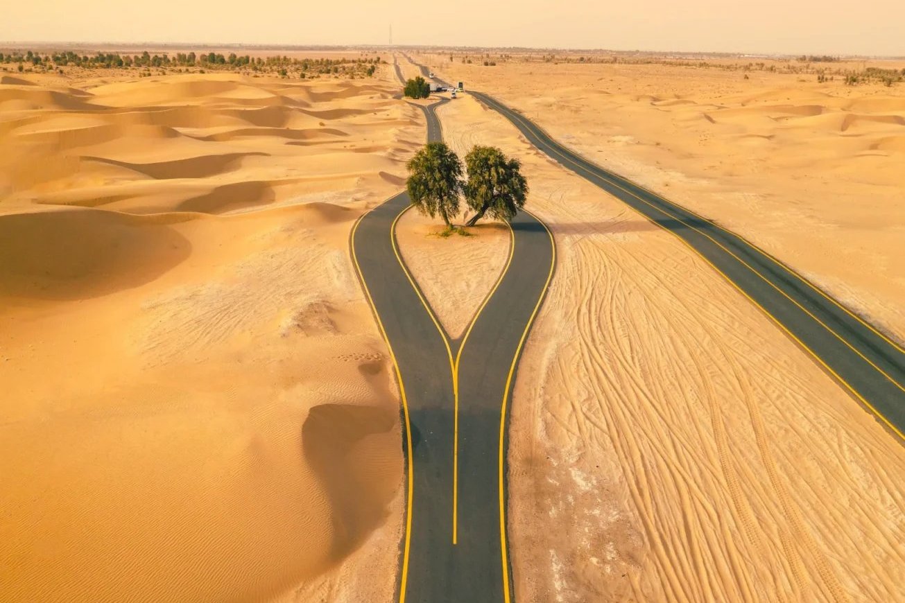 The road through the desert toward Al Qudra