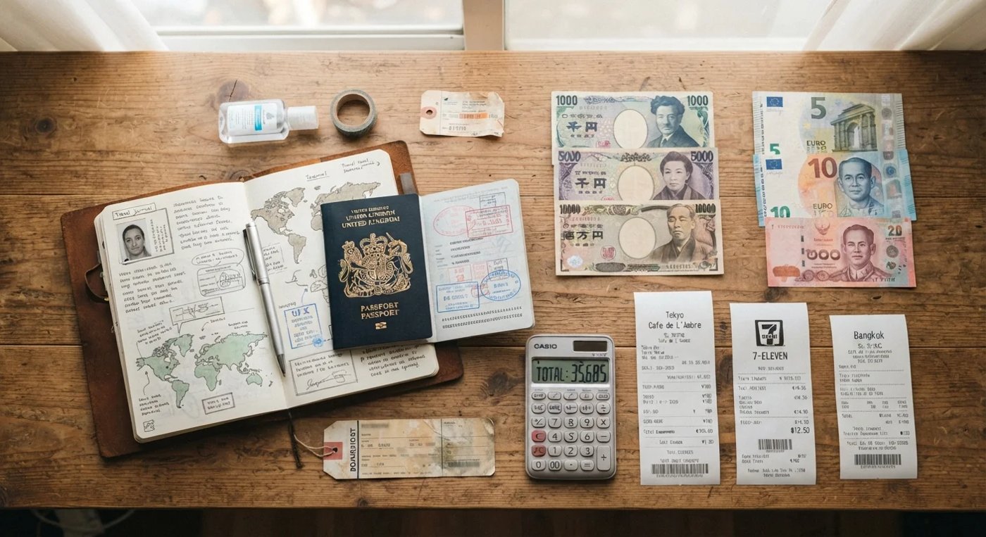 Calculator and travel budget notes beside a passport