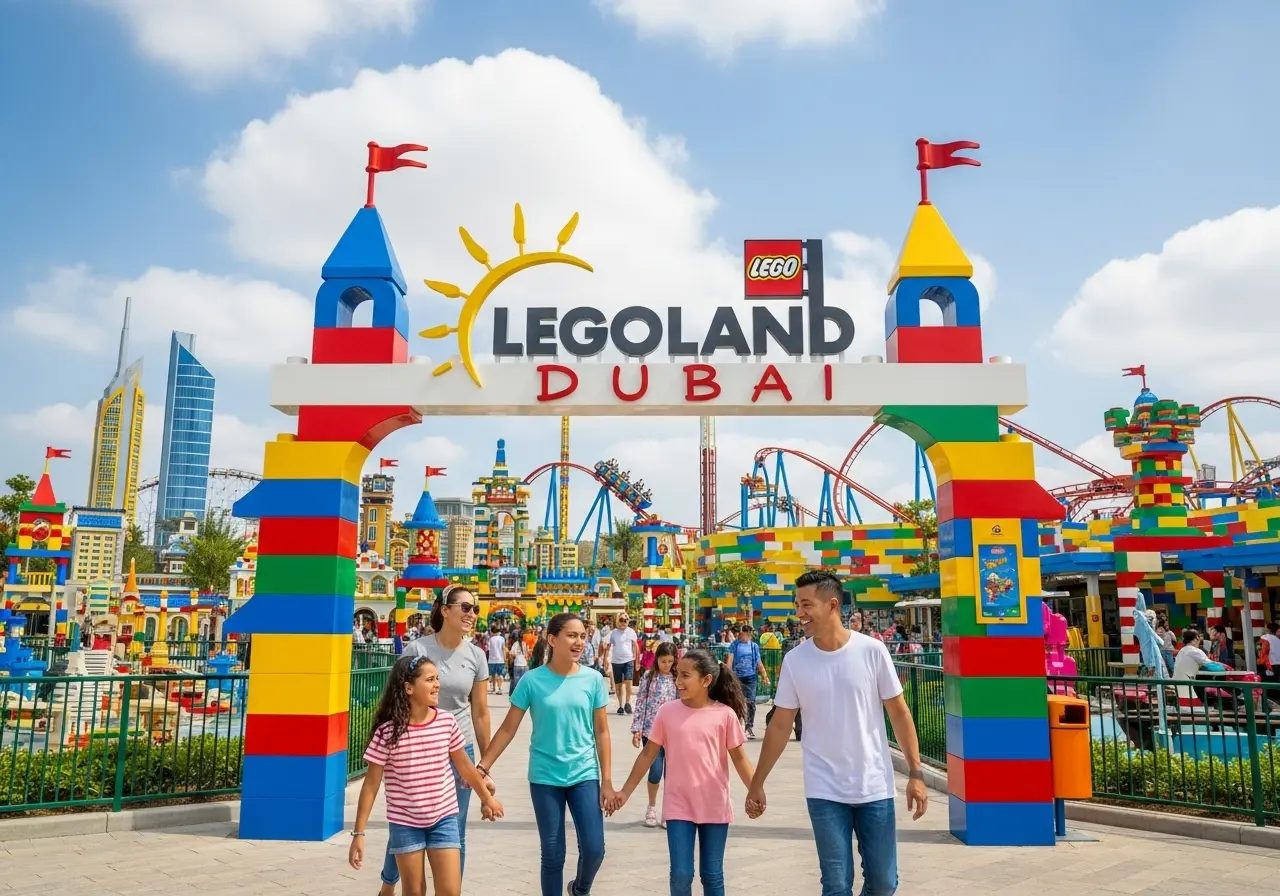 Families arriving at a colourful theme park entrance in Dubai